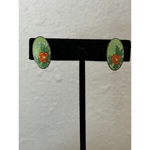 Vintage Cloisonne Enamel Earrings Screw Backs Roses